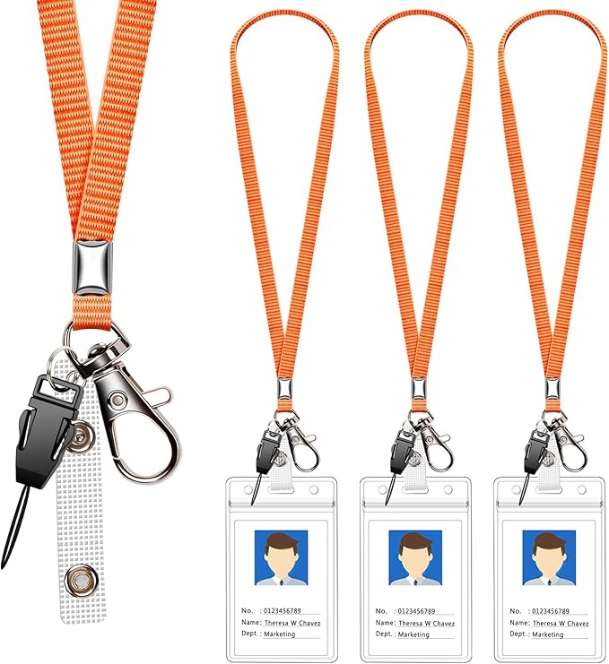 3 Pack Neck Lanyard with ID Badge Holder, Office Strap Lanyards, Stainless Metal Swivel Hook for Name Tag, Badge Holders, Keychains, Card, Orange