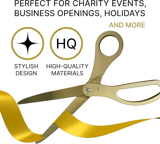 New Edition Grand Opening Ceremony Kit – Heavy Duty 25'' Scissors Gold with Golden Blades and Gold Satin Ribbon for Inauguration Ceremonies & Special Events