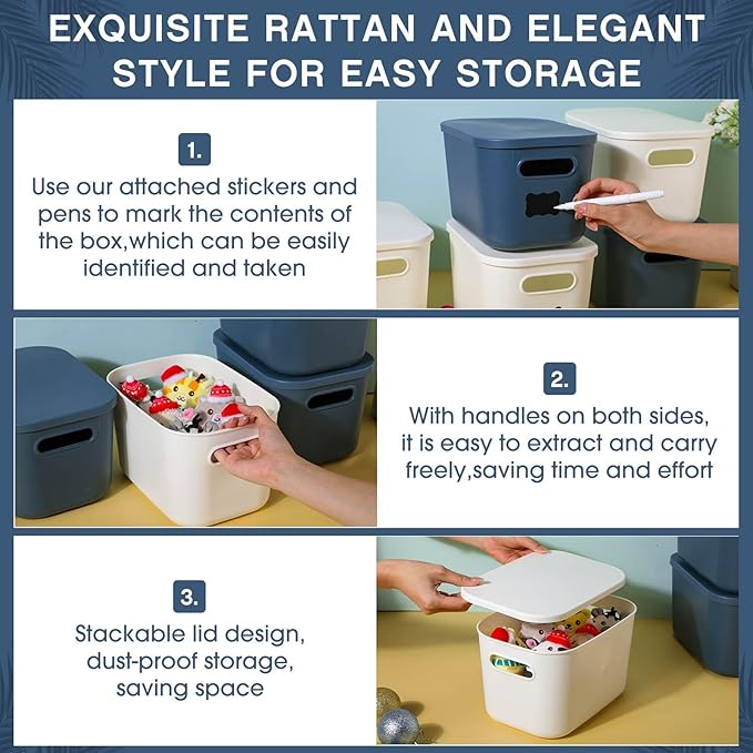 Thyle 12 Pack Plastic Storage Bins with Lids and Handles Colorful Stackable Desktop Storage Box Bins with Marker Label for Office Classroom Cabinet Shelf Drawer Kitchen, 10x7x6 Inch(Blue, White)