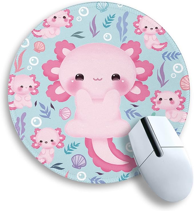 Cute Axolotls Round Mouse Pad, Small Mousepad for Laptop Gaming Women, with Stitched Edge Non-Slip Rubber Base, Cute Home Office Decor Desk Accessories Office Supplies Gift for Women Teen Girls