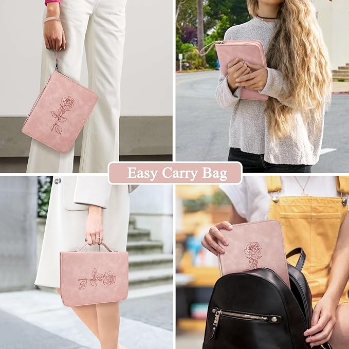 Bible Covers for Women, Leather Bible Study Case with Bookmark for Girls, Bible Supplies Carrying Bag Tote with Strap,Personalized Book Organizer Bag for Journaling Bible-Pink