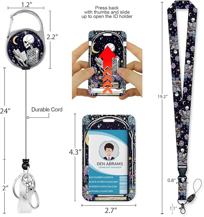 Lanyards for Id Badges, Funny Badge Holder with Retractable Badge Reel Clip, Skull Skeleton Reading Book Card Name Tag Lanyard Vertical ID Card Protector for Women Nurse Doctor Teacher Student