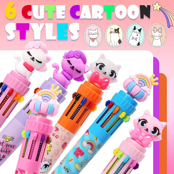 Multicolor Ballpoint Pen 0.7 mm, 10-in-1 Colored Pens Fine Point Retractable Cute Cartoon Cat Ballpoint Pens for Office School Supplies Students Kids Gifts, 6 Pack
