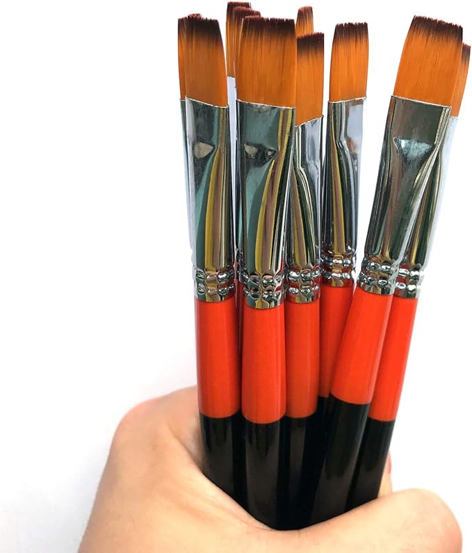 1/2 Inch Flat Bright Paint Brush, Pack of 12, Premium Quality Synthetic Sable Hair for Acrylic Watercolor Oil Gouache Painting by Students, Professionals and Artists