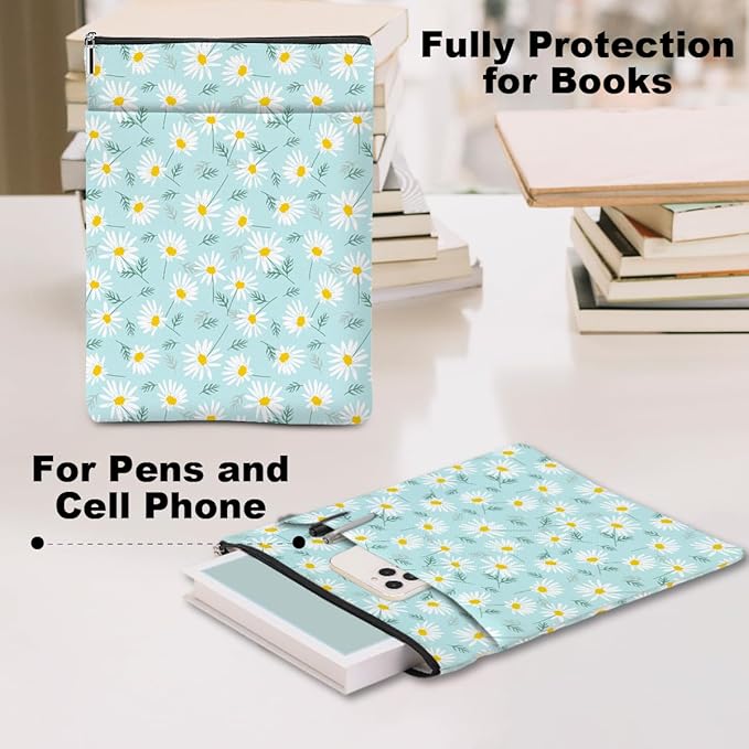 Daisy Pattern Book Lovers Gifts Waterproof Book Sleeve Book Pouch Book Protector with Zipper and Front Pocket BookCover Case for Women Girl Readers Librarian Book Accessories Book Club Gifts