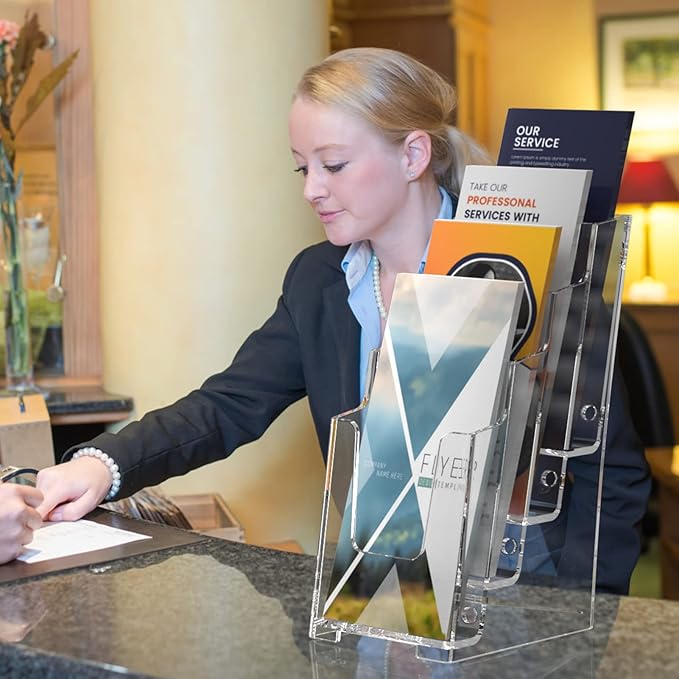 MaxGear Acrylic Brochure Holder, 4-Inch Wide 4 Tier Clear Literature Holder Premium Acrylic Pamphlet Holder Multi Pocket Brochure Display Stand, Wall Mount or Counter Top Use(3 Pack)