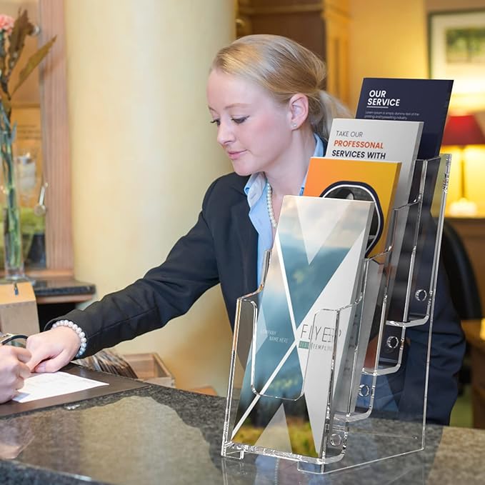 MaxGear Acrylic Brochure Holder, 4-Inch Wide 4 Tier Clear Literature Holder Premium Acrylic Pamphlet Holder Multi Pocket Brochure Display Stand, Wall Mount or Counter Top Use(2 Pack)