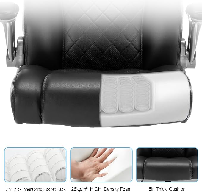 Executive Office Chair Desk Swivel Chair High Back Computer Chair - Adjustable Lumbar Support with Flip-Up Arms PU Leather Chair with Spring Cushion (Black)