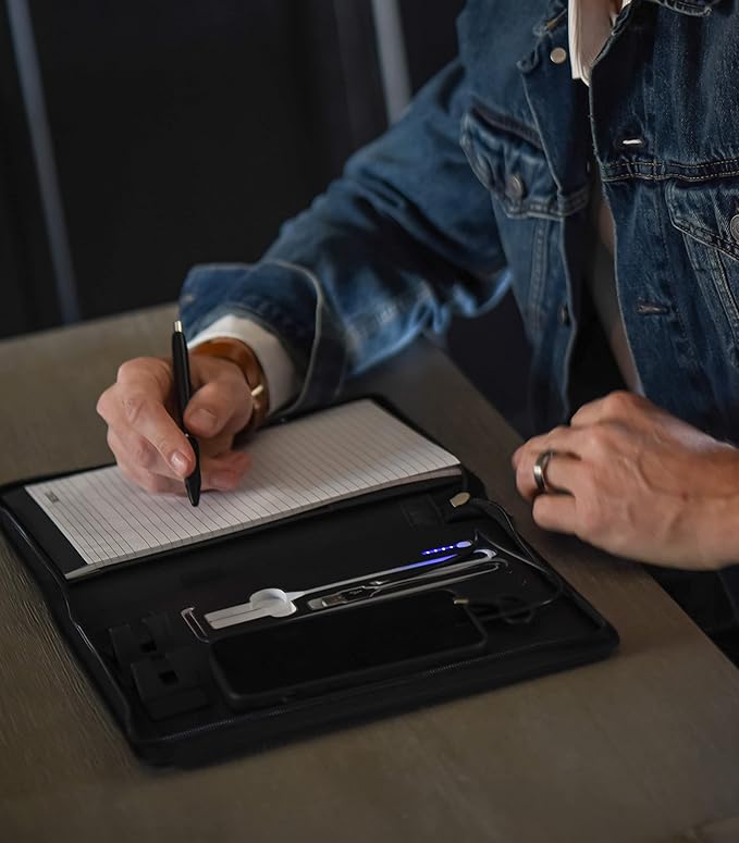 Phone Charging Business & Travel Portfolio w/Built-in Power Bank- Zipper Closure & Refillable Pad- Professional Organizer Padfolio That Charges Phones/Tablets on The Go (Gray)