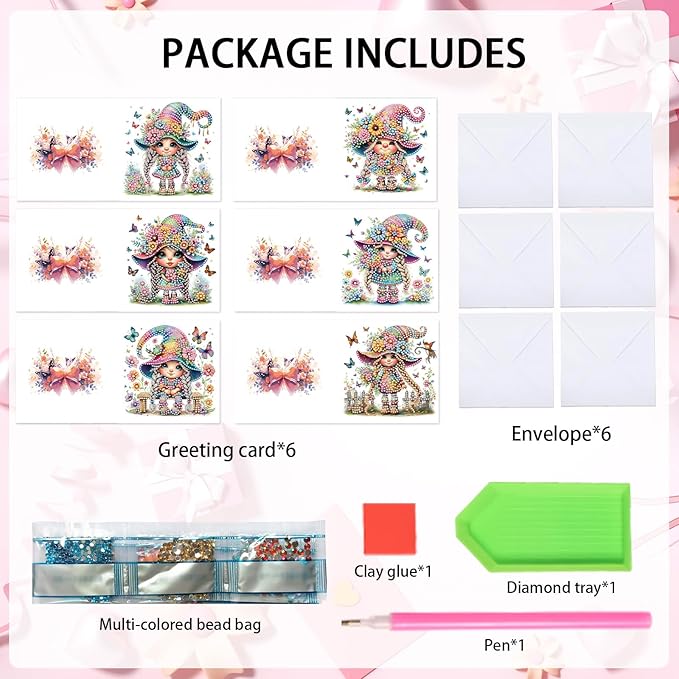 Tontut 6pcs Diamond Art Painting Kit Greeting Card, Butterfly Flower 5D DIY Diamond Handmade Holiday Greeting Card with Envelope, Holiday Gift Congratulation