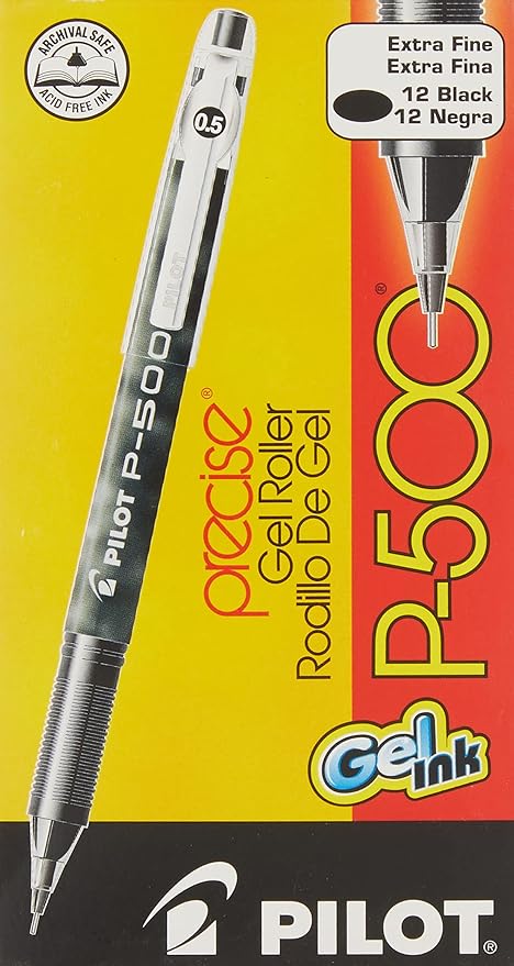 Pilot, Precise P-500 Gel Ink Rolling Ball Stick Pens, Extra Fine Point 0.5 mm, Black, Pack of 12