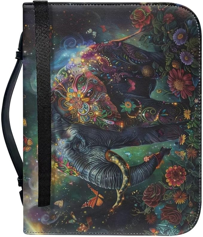 Lotusorchid Floral Mandala Elephant Printed Bible Covers Christ Church Bag for Women Leather Bible Case with Handle Pen Storage Zippered Pocket Waterproof Bible Carrier Bible Protective Cover