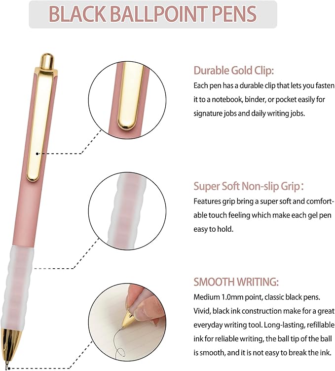 Linbsunne Ballpoint Pens Black Medium Point 1mm Pen with Super Soft Grip Ball Point Pen for Men Women Retractable Pens