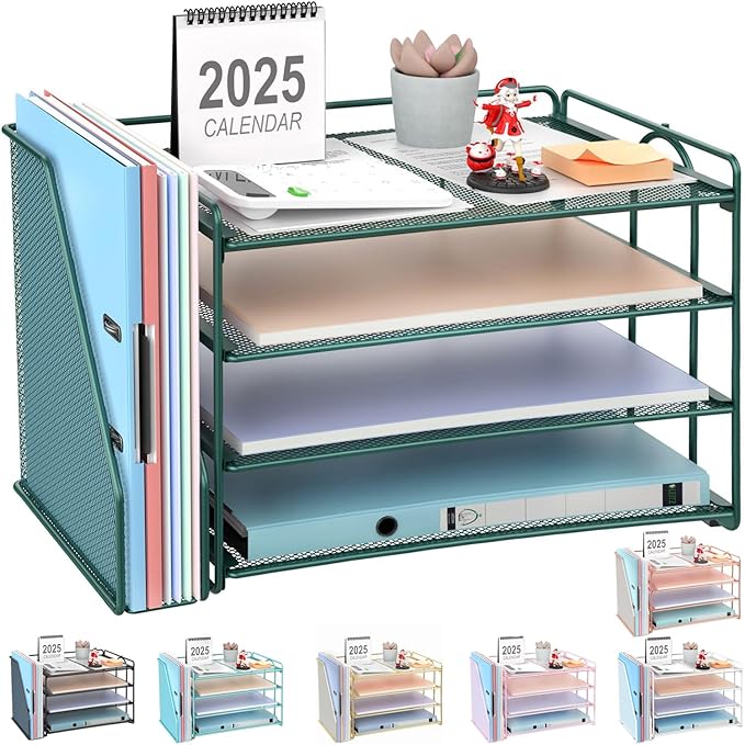gianotter 2025 New Large Capacity Desk Organizer with Detachable Magazine Holder, 4-Tier Paper Organizer Letter Tray, Desk Accessories for A4 Paper and Document Storage(Green)