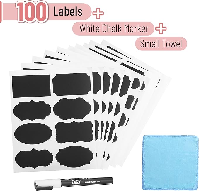 Mr. Pen- Chalkboard Labels, 100pc, Assorted Shapes, 1 White Chalk Marker and Small Towel, Labels, Label Stickers, Labels for Storage Bins, Sticker Labels, Bottle Labels, Food Labels, Jar Labels