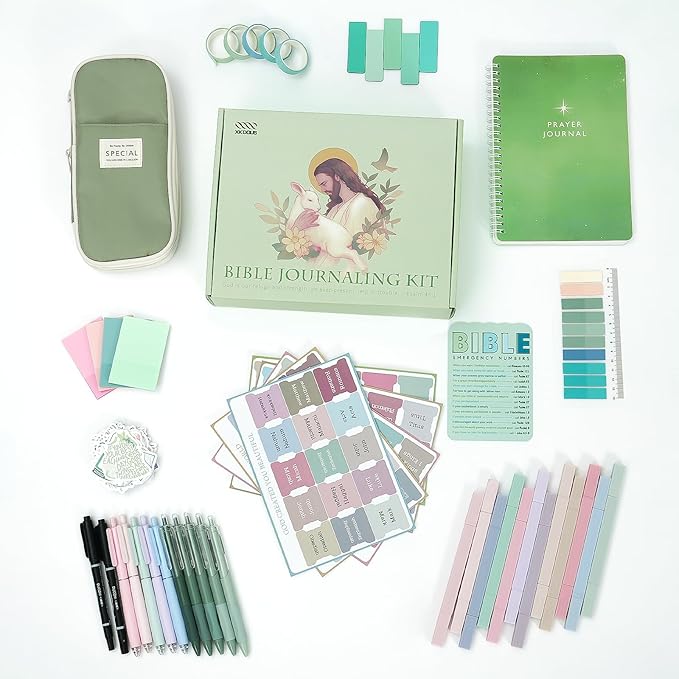 XKDOUS Bible Study Supplies Journaling Kit for Women, Bible Study Kit, Bible Study Tools with Prayer Journal Pencil Case Bible Accessories, Christian Gifts for Women, Green