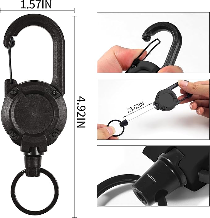 Heavy Duty Retractable Keychain,Multitool Carabiner Badge Holder,Tactical ID Badge Reel with 23.6” Steel Retractable Cord for Men and Women（Black and White Combo）