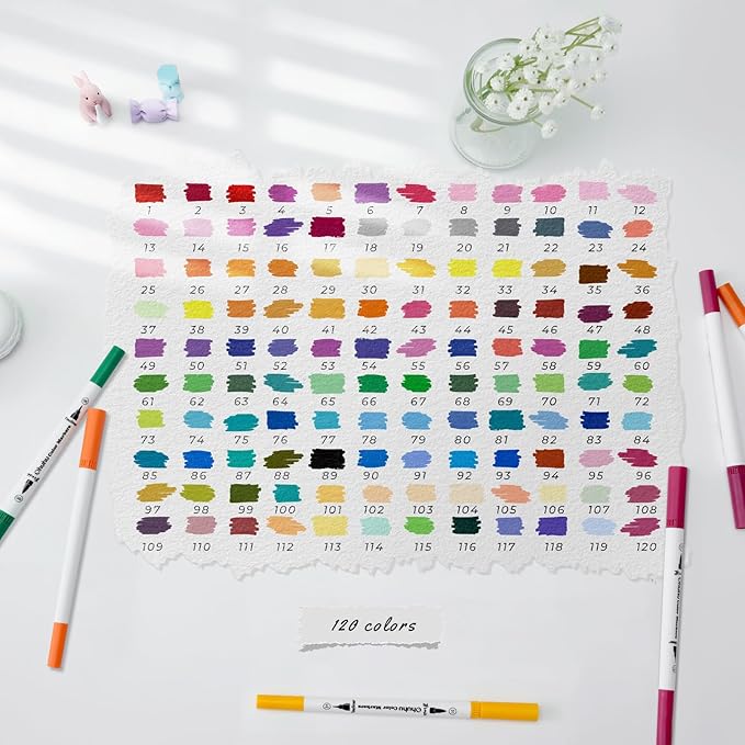 Ohuhu Markers for Adult Coloring Books No Bleeding 120 Colors Coloring Markers Water-based Dual Tips Fineliner & Brush Drawing Pens Art Markers for Kids Adults Sketch Journal - Maui - White