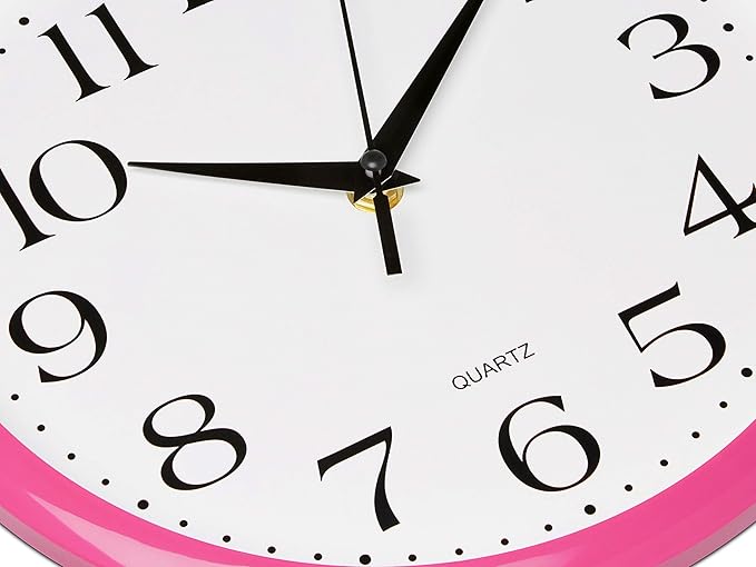 Bernhard Products Pink Wall Clock 10 Inch Silent Non Ticking Battery Operated Quality Quartz Round Easy to Read Home/Office/Kitchen/Nursery/Girl's Bedroom/Classroom/Kids Playroom/School Clock