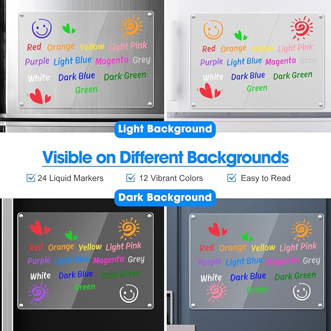 24 Liquid Chalk Markers 12 Colors for Acrylic Calendar Planning Boards Glass Dry Erase Board Whiteboard Wet Erase Markers for Window Mirror, 1mm Fine Points, for Glass Window Halloween Painting