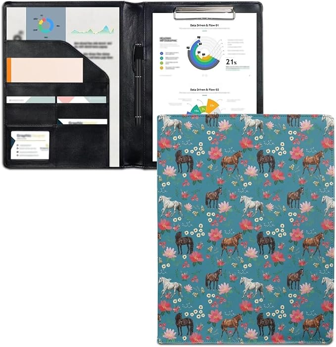 Office Folder Horse Flower Print PU Leather Padfolio with A4 Size Clipboard Clip for Business Resume Interview Document Sleeve Binder Folder for Men/Women