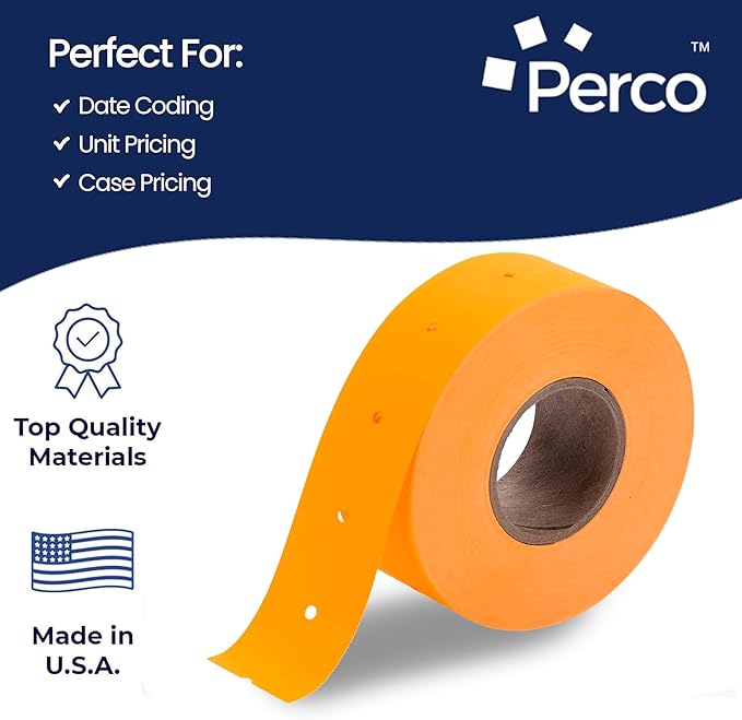 Perco 2 Line Fluorescent Orange Labels - 8 Rolls, 1 Sleeve, 6,000 Blank Price and Date Gun Labels for Perco 2 Line Price and Date Guns - Made in USA