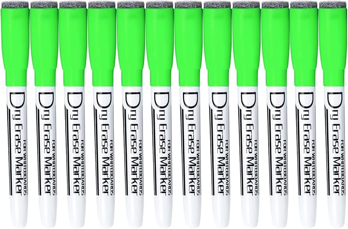 Volcanics Magnetic Dry Erase Markers With Eraser Cap Whiteboard Markers Low Odor Fine Tip Whiteboard Pens for Kids,Thin Box of 12, Green