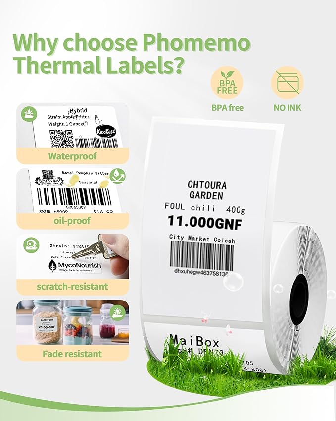 Thermal Sticker Labels Compatible with Phomemo M110/M220/M221/M120/M200/M110S Label Makers, 1.97"x3.15"(50mm*80mm), Thermal Paper for Bussiness/Design/Barcode,Black on White,100 Labels/Roll