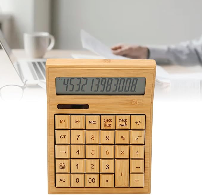 Zopsc Bamboo Calculator, Wooden Solar Calculators with 12 Bit Digital LCD Screen, Basic Standard Function Desk Calculators with 29 Big Buttons for Office Home School Store
