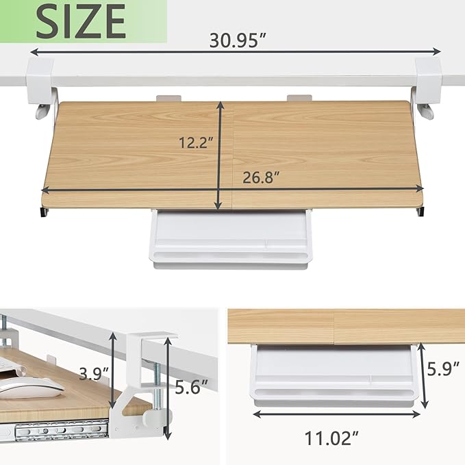 ETHU Keyboard Tray Under Desk, 26.8" x 12.2" Pull Out Steel Smooth Glide Sliding Keyboard Drawer, C Clamp Computer Keyboard Stand Ergonomic Desk Extender Tray for Home Office(Oak)