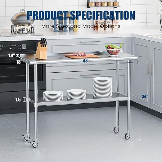 Stainless Steel Table with Wheels 18 x 48 Inches Metal Prep Table with Backsplash & Caster, Adjustable Undershelf for Commercial Kitchen, Outdoor, Restaurant, Hotel & Garage