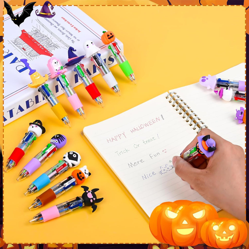 LiYiQ 100 Pcs Halloween Colorful Multicolor Pen in One Cartoon Cute Fun 4-in-1 Cute Pens Bulk Kawaii Pumpkin Ghost Bat Shape Cool Ballpoint Pens for Kids Fun Gifts