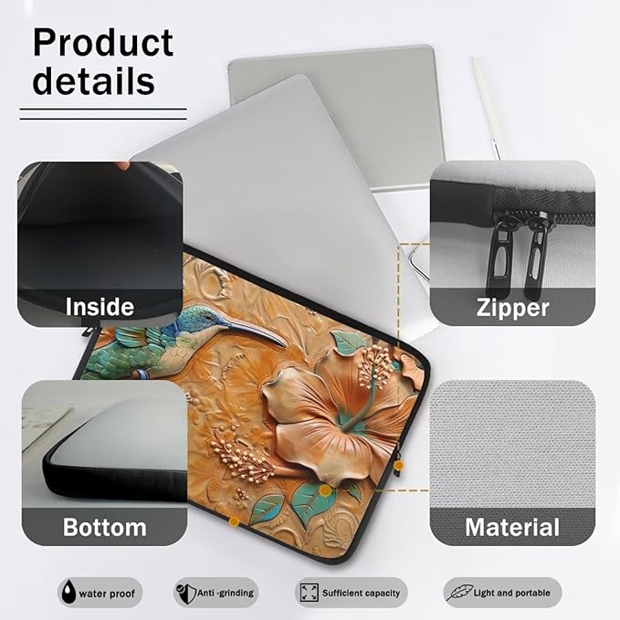 Hibiscus Hummingbird Printed Computer Case Bag for Girls Boys, Washable 10 Inch Laptop Bag Carrying Case Laptop Briefcase Neoprene with Zipper, Compatible with Various Computers, Pink