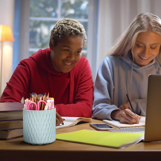 Pencil Holder For Desk - 360° Rotation, 5 Slot Desk Supplies For Women Office Aesthetic. Pen Holder For Office&School, Desk Accessories(Blue)