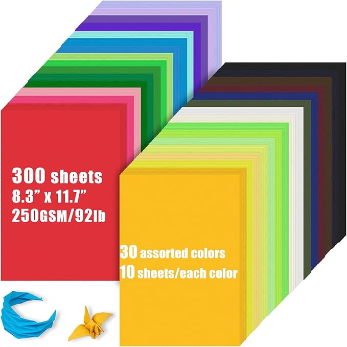 300 Sheets Colored Cardstock Bulk, 30 Assorted A4 Cardstock Paper 250gsm Colorful Card Stock, 8.3 x 11.7 Thick Double Sided Printed Cardstock for DIY Art Craft Scrapbooking Making School Party