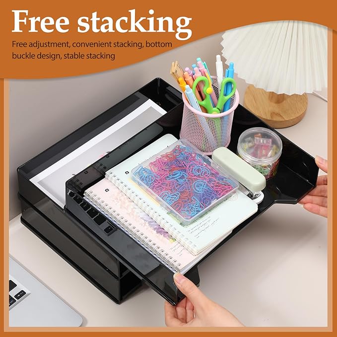 6 Pcs Stackable Letter Tray Rectangular Plastic Desk Organizer 13 x 9.5 x 2.6 in Paper Holder File Tray Accessories Rack for Desktop Office Desk Drawers (Black)