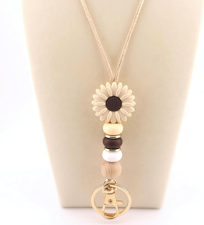 Flower Teacher Lanyards ID Badge and Key Chain, Cute Silicone Beads Lanyard for Women Nurse Work Student (Mocha)