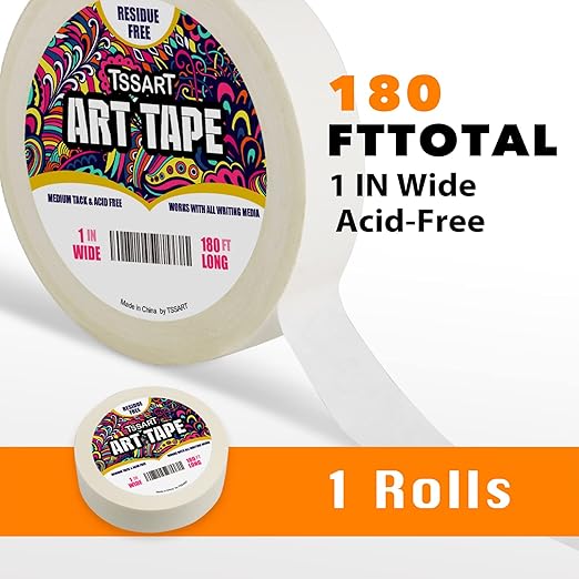 White Art Tape Medium Tack - Masking Artists Tape for Drafting Art Watercolor Painting Canvas Framing - Acid Free 1inch Wide 180FT Long