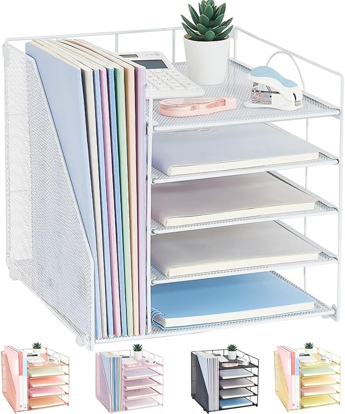 Desk Organizers and Accessories, 5-Tier Paper Letter Tray Organizer with File Holder, Desktop Organizer for Office Supplies, Office Desk Accessories & Workspace (White)
