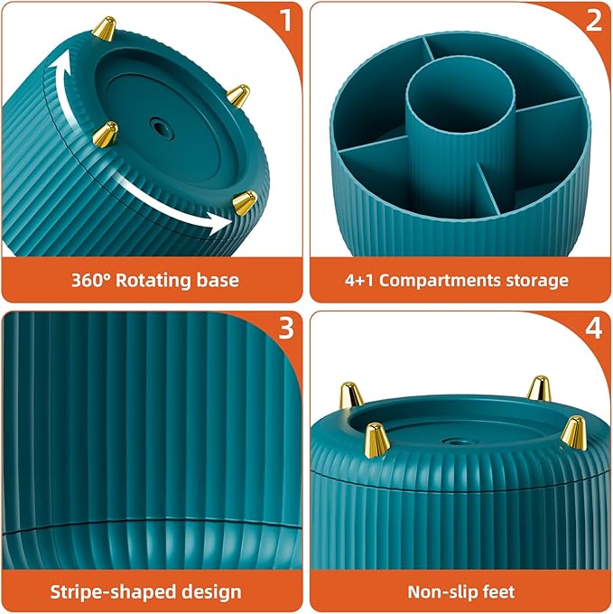 Marbrasse Desk Organizer, 360-Degree Rotating Pen Holder for Desk, Desk Organizers and Accessories with 5 Compartments Pencil Organizer, Art Supply Storage Box Caddy for Office, Home（Green）