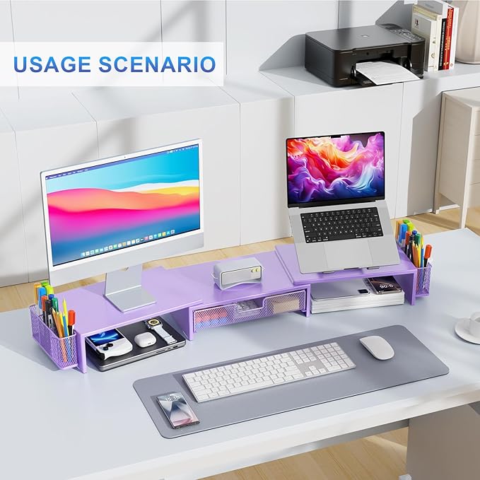 gianotter Dual Monitor Stand Riser, Desk Organizer With Drawer and 2 Pen Holders, Desk Organizers and Accessories, Purple Office Decor (Purple)
