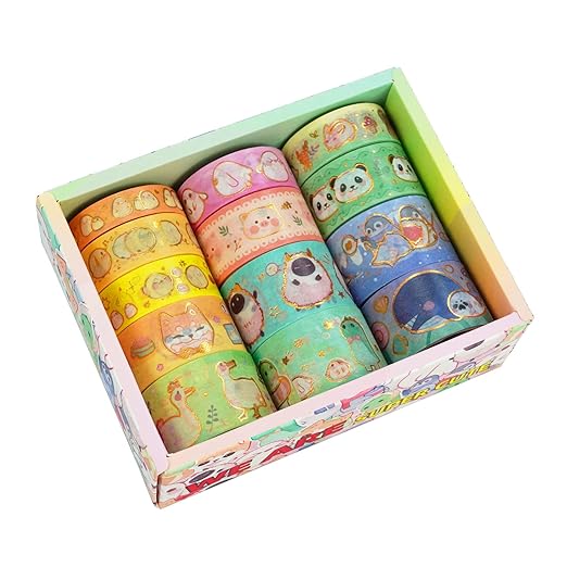 Cute Pets Washi Tape Set 13 Rolls Wide Gold Embellishment Decorative Masking Tapes for Arts, DIY Crafts, Journals, Planners, Scrapbook, Wrapping (Animal Kindergarten), 10/15/20/25mm