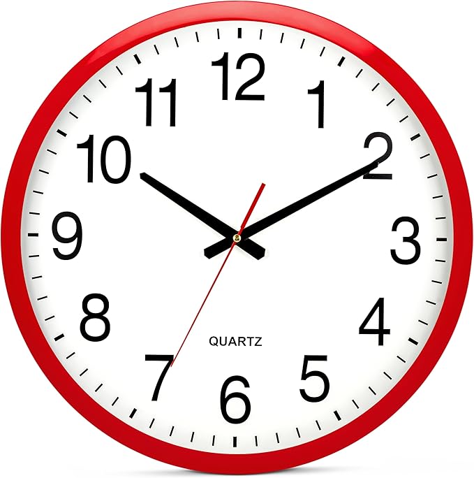 Bernhard Products Red Wall Clock Silent Non Ticking - XL 18 Inch Quality Quartz Battery Operated Round Easy to Read Home/Office/Classroom/School Clock