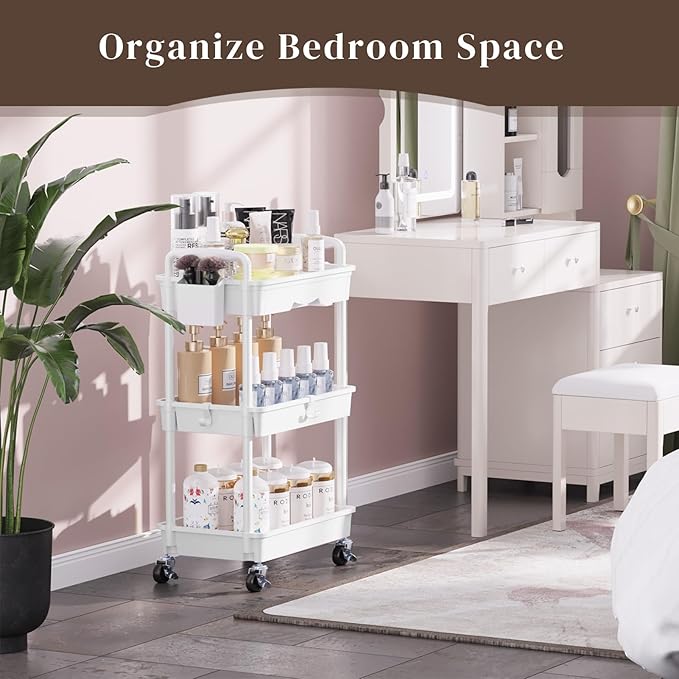 Rolling Utility Cart with Drawer 3 Tier, Utility Storage Organizer with Plastic Shelf & Lockable Wheels Multifunctional Storage Cart for Kitchen, Bathroom, Office, Living Room, White