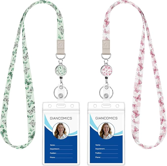 Giancomics Butterfly Lanyards for Id Badges, Cute Lanyards with Retractable Reel, Waterproof ID Badge Holder for Cruise Ships Cards Key, Work Name Tag Card Protector for Women 2 Pack