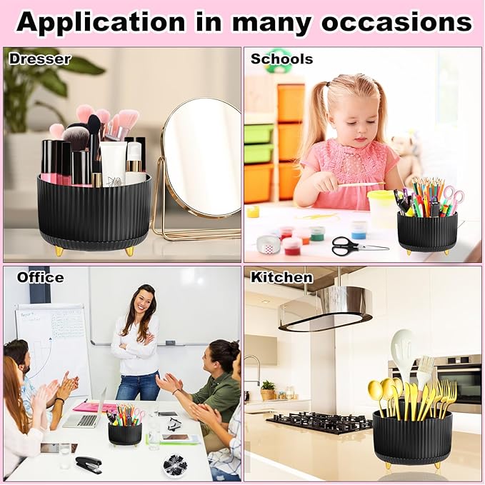 Black Desk Organizers and Accessories 10Pcs Set with 360-Degree Rotating Pen Holder, Tape Dispenser, Stapler, Staple Remover, 1000 Staples, Tape, Clips Set, Ruler, Scissor, Pen