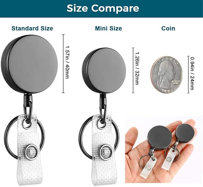 Will Well ID Badge Holder Reel with Clip and Keyring - Heavy-Duty All-Metal Casing with 24.4" UHMWPE Fiber Pull Cord for Easy Access, Holds up to 8 Keys - 2-Pack, Small Round, Glossy Black