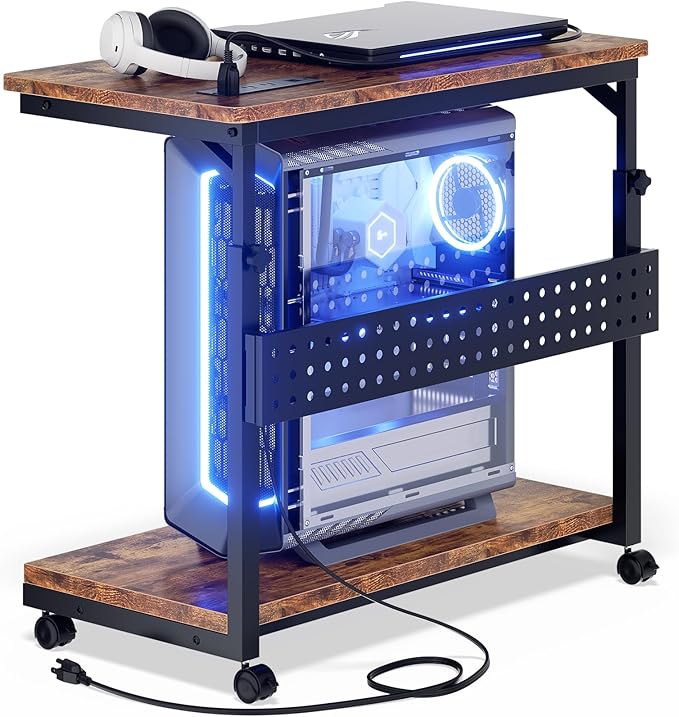 Computer Tower Stand with Power Strips, Height Adjustable PC Tower Stand/Cart with Wheels, Mobile Rolling CPU Holder, Computer Cart Side Stand for Computer Desk, 24", Rustic Brown