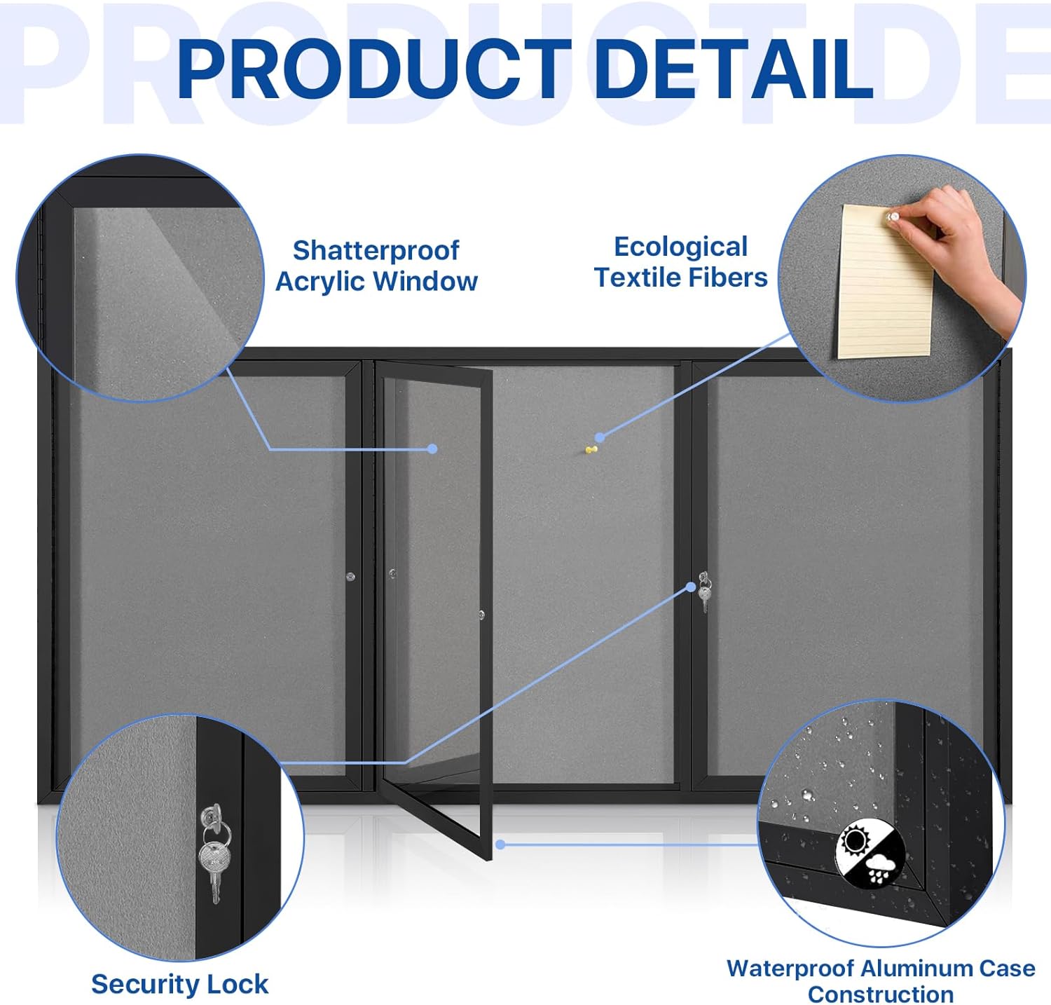 SWANCROWN Outdoor Bulletin Board 70x36in, Enclosed Bulletin Board with Locking Door for Office School Commerce, Grey Felt, Black Aluminum Frame