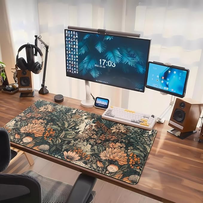 Boho Aesthetic Desk Mat Wildflowers Large Mouse Pad Gaming Desk Pad, XXL Keyboard Mat Full Desktop Women Office Desk Accessories with Stitched Edges Anti-Slip Funny Deskpad, 31.5 X 15.8 in
